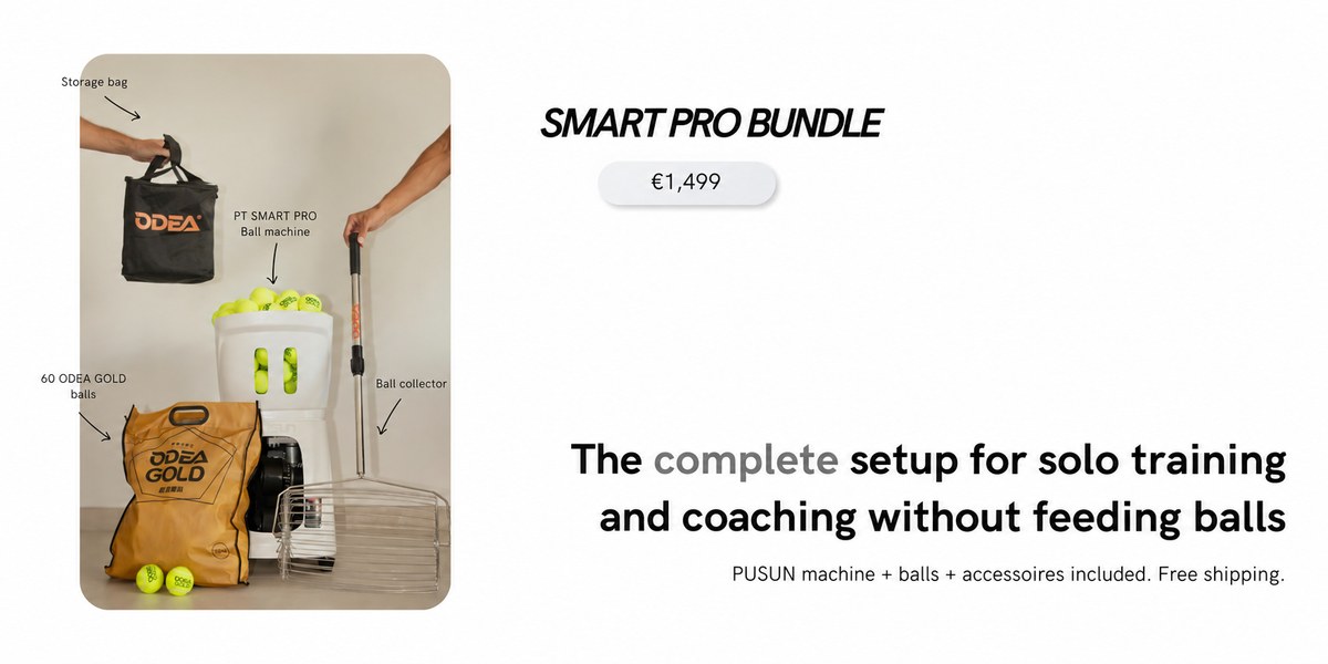 Smart Pro bundle with a ball machine, 60 ODEA GOLD balls, storage bag and ball collector